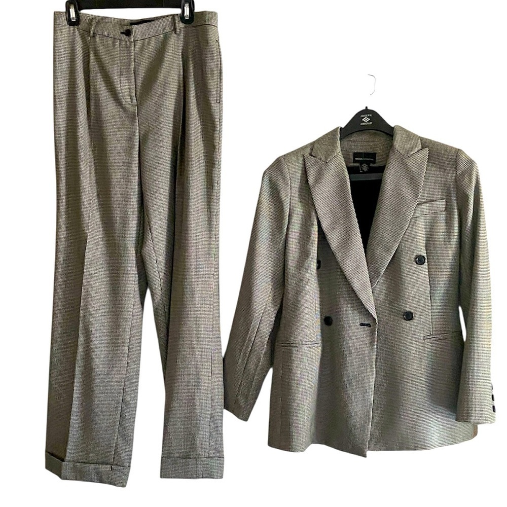 Vintage Moda International Black & White 100% Wool Houndstooth Pant Suit Size 10